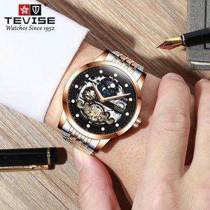 TEVISE Watch Tourbillon Fashion Men's Steel Band Watch Sun Moon Star Waterproof